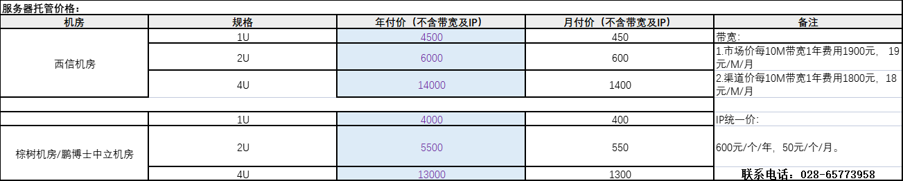 idc机房服务器托管价格表